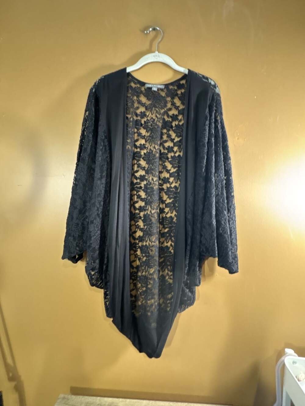 HC1145 Kate & Mallory Black Floral Lace Open Front Cardigan Kimono